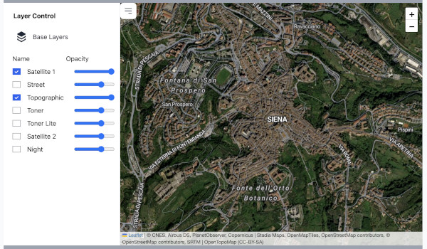 Only the higher layer (satellite image) is visible, when two layers are switched on with opacity 100% (higer layers have priority for visibility)